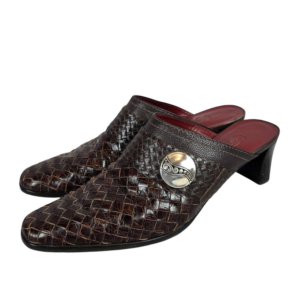 Brighton Twirl Woven Leather Mules Sz 8M Earthy Brown Chunky Heel Slip on Shoes
